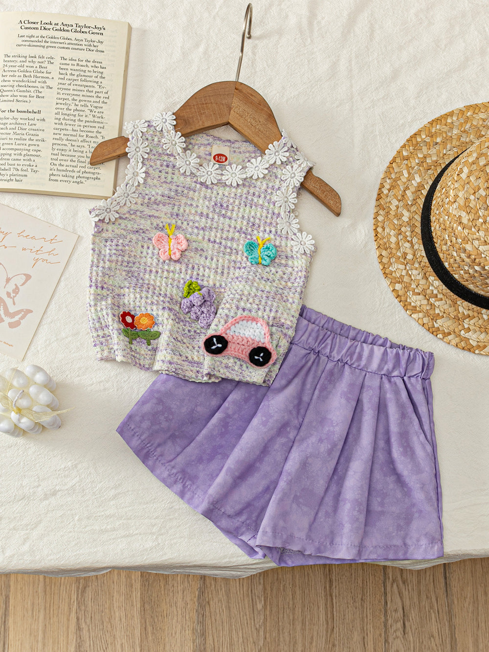 new arrival: girls' cute 3d floral textured top + casual pants two-piece set