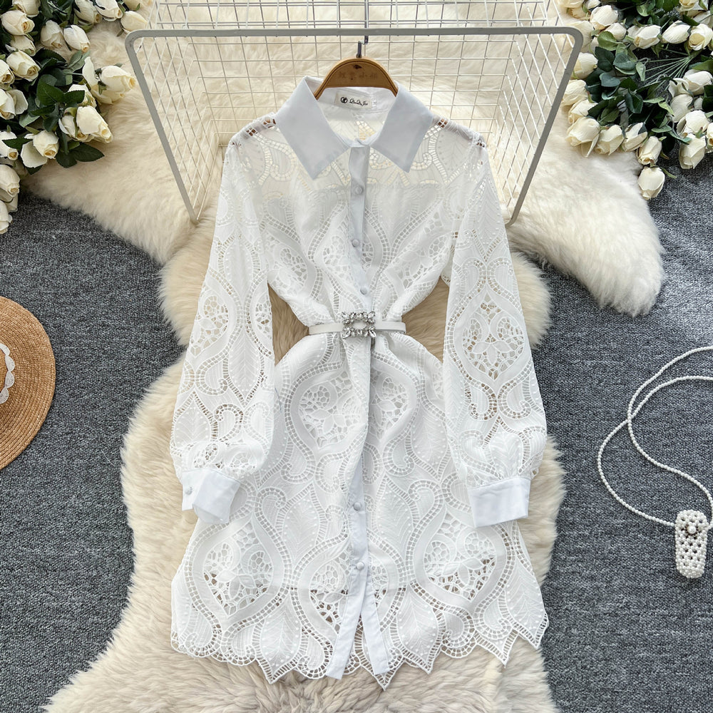 French chic chanel-inspired embroidered hollow-out crochet waist-cinching single-breasted dress - new elegant women's collection