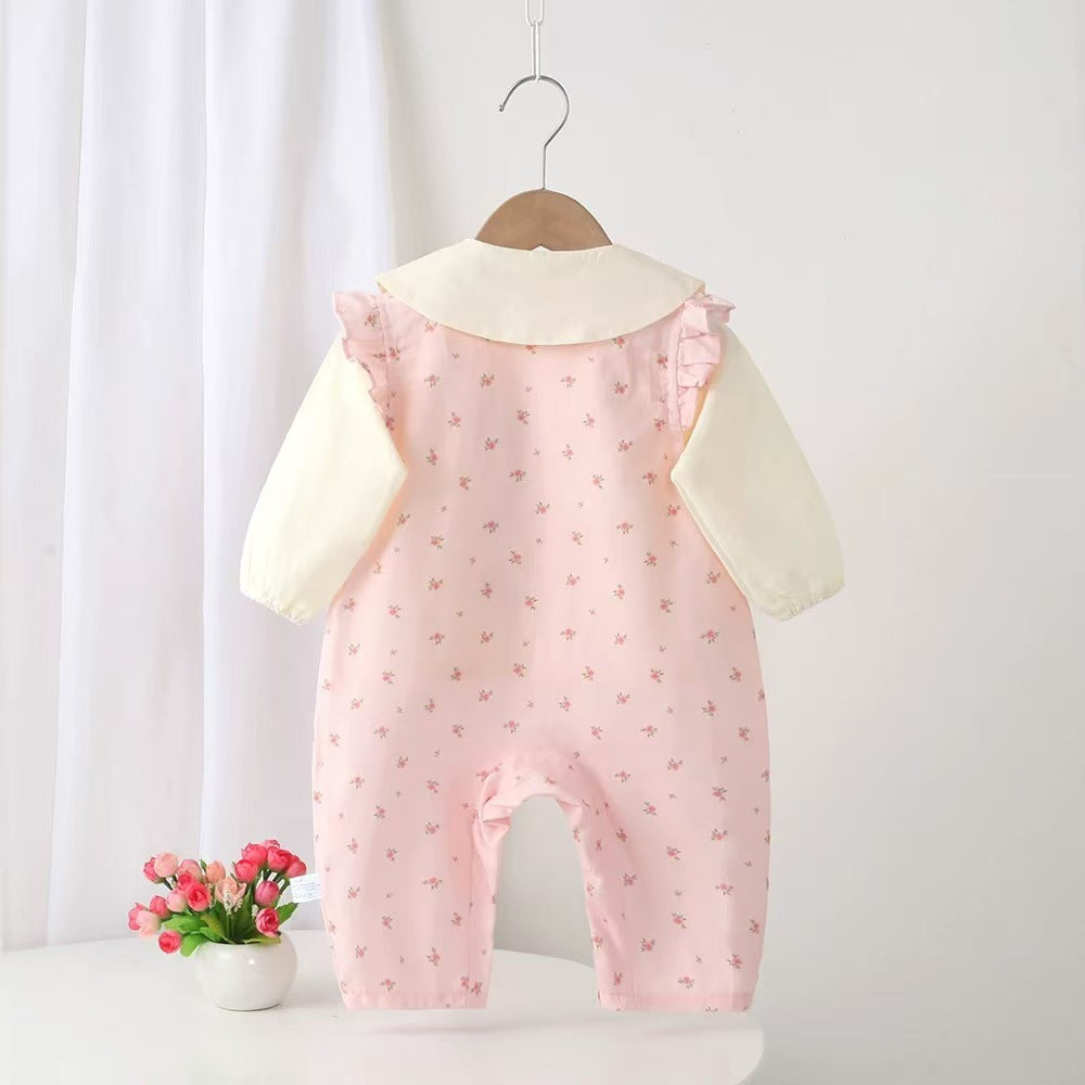 Infant and toddler spring/autumn casual outing outfit for baby girls, super cute and stylish two-piece set with overalls, perfect for 100-day celebrations and trendy wear