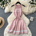 K-stylestripescut out sleeveless knittingdress women's summerhigh waist a-line skirtwork clothingclassyelegant skirt