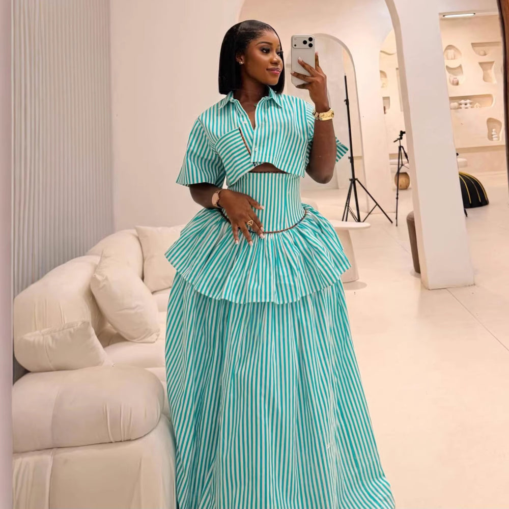 European and american cross-border women's fashion:  summer new collection - stylish and elegant striped short-sleeve shirt and waist-cinching midi skirt set