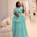 European and american cross-border women's fashion:  summer new collection - stylish and elegant striped short-sleeve shirt and waist-cinching midi skirt set