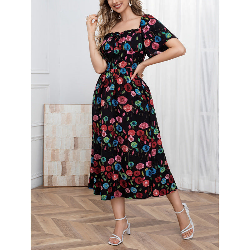 code new arrival  women's original fashion square neck lace high waist printingdress
