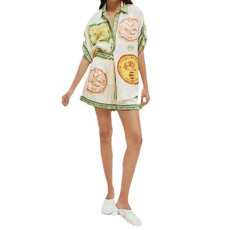 cross-border european and american women's clothing: new women's summer fashion printed button-down shirt and shorts outfit set