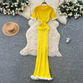 K-styleknitting round neck short sleeve dress women's summer slim slimming look waist bag hip long skirt work clothingaccessible luxury style