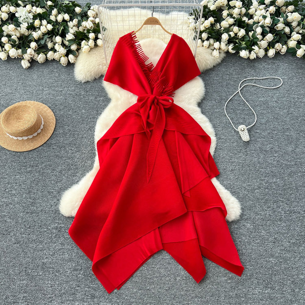 Fashionable v neckstereopatchwork strap waist asymmetrical pleated dress women's celebrity fashionable dress