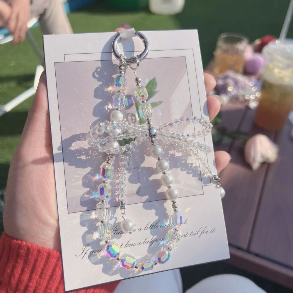 Luxury pearl bowknot phone charm - premium short 3d crystal wrist strap