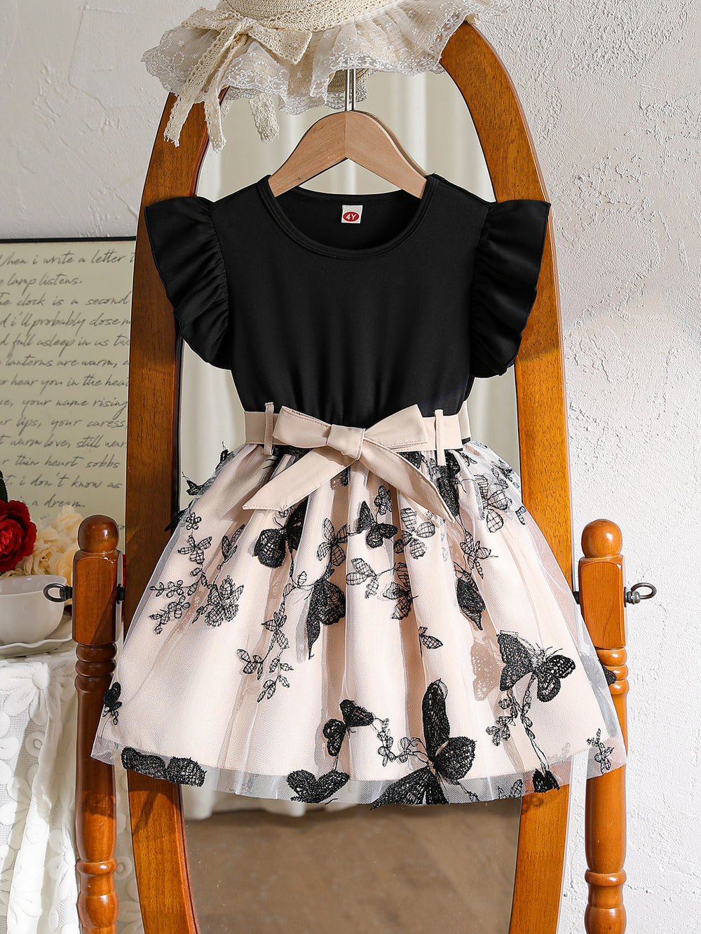 cross-border fashion spring/summer new girls' flutter sleeve knitted pullover dress - princess dress for toddlers and young children