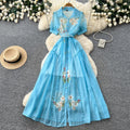 Elegant bubble sleeve floral embroidered dress - korean style, cinched waist, a-line silhouette, soft & chic, perfect for work