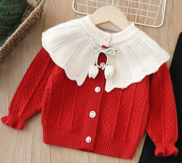 Girls' knitted sweater two-piece set -  autumn/winter new collection - handmade floral pants set for baby girls
