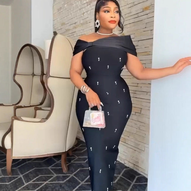 Export supply one shoulder silm beading silm sexy long skirt african women's clothing fashiondress