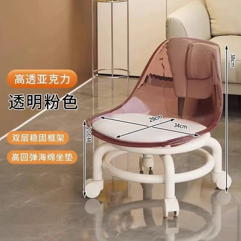 Acrylic swivel stool with low seat, silent transparent backrest, small chair with casters, baby-sitting stool, trendy shoe changing stool