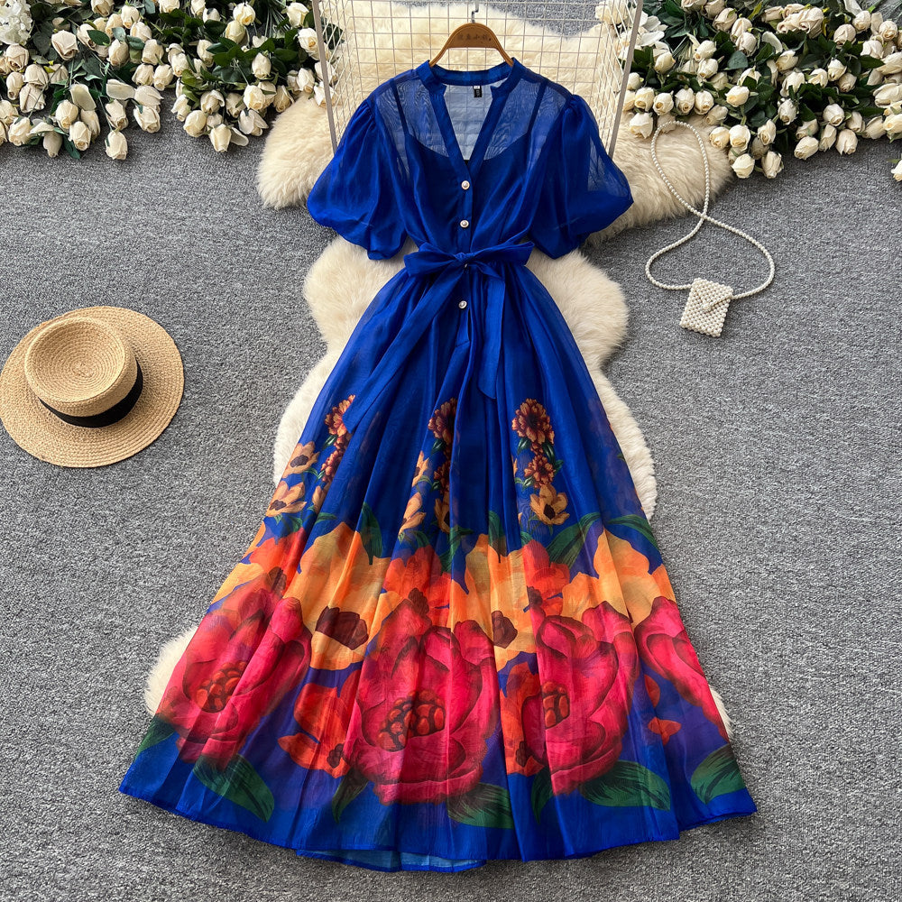 French riviera style v-neck puff sleeve floral print dress - women's summer midi dress with cinched waist and flared skirt
