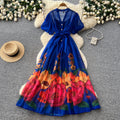 French riviera style v-neck puff sleeve floral print dress - women's summer midi dress with cinched waist and flared skirt
