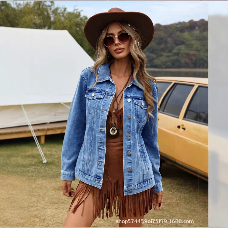 Amazon tiktok pinduoduo export cross-border american retro denim outwear women's classic lapel easiest for match jacket
