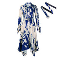 European and american export women's summer new fashionable elegant printed turn-down collar long sleeve irregular skirt printed european and american dress