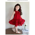 new girls' red rose halter dress - kids' princess cake dress - stylish summer outfit for little girls