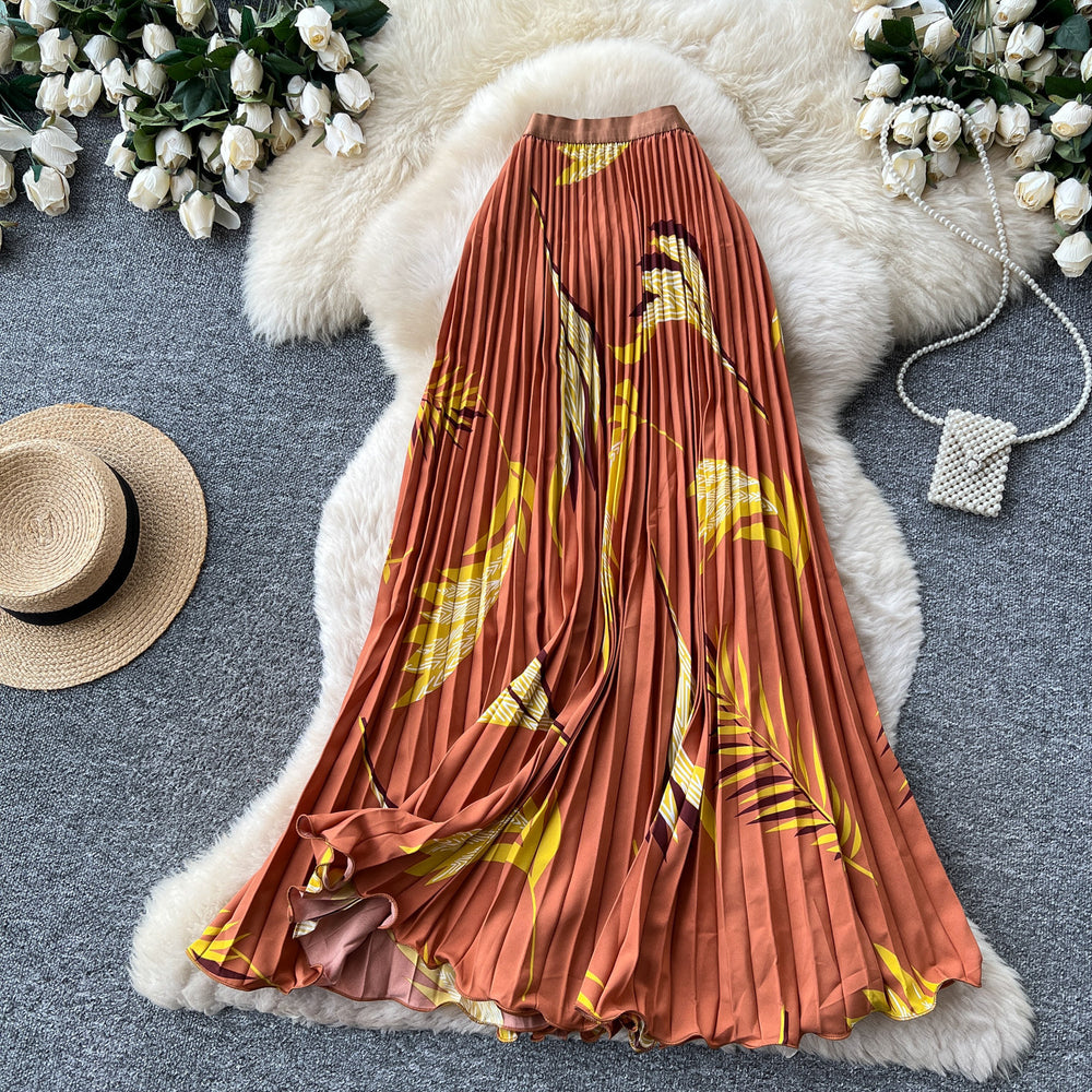 French printinghigh waistslimming looka-line pleated skirt women's summer midi skirt vacation style elegant work clothing skirt