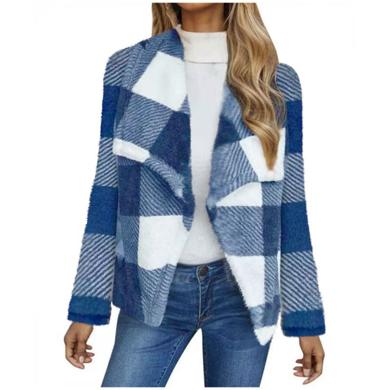 Cross-border women's clothing 2024 new  autumn and winter plaid lamb wool jacket plush cardigan jacket