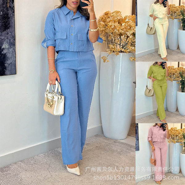 ODS5726 Women's Fashion Long Sleeve Short Shirt and Wide Leg Pants Set