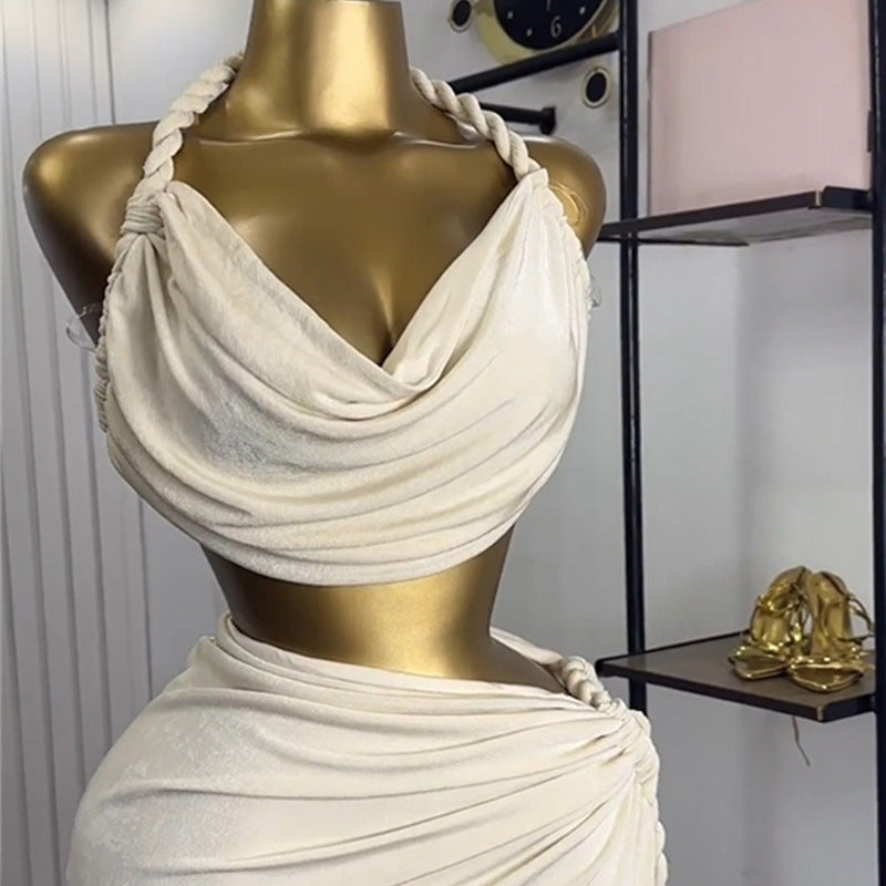 European and american cross-border women's fashion:  autumn new collection - vacation-ready, elegant twist knot top & slim-fit midi skirt fashion set