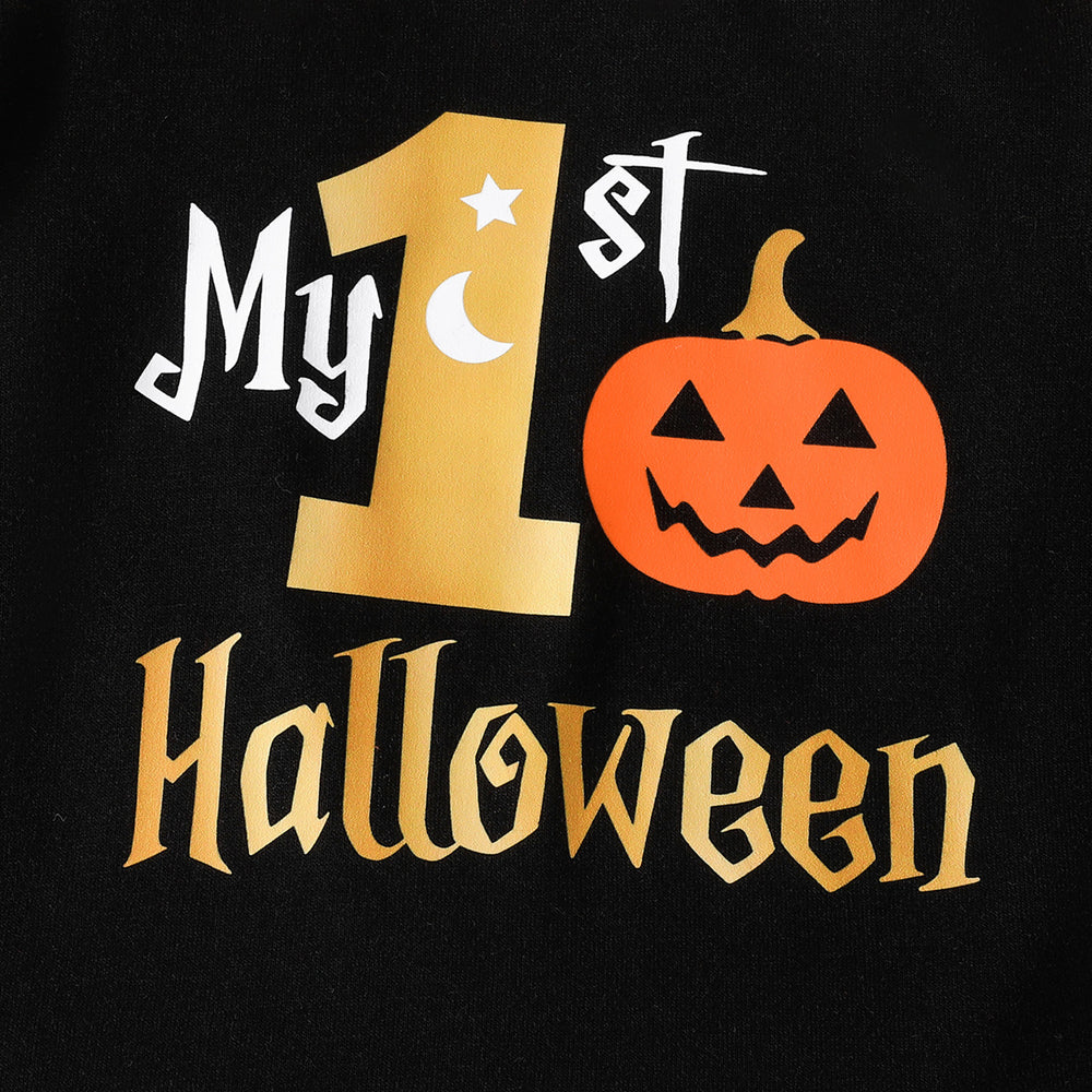 baby halloween pumpkin print long-sleeve romper + pants + hat three-piece set