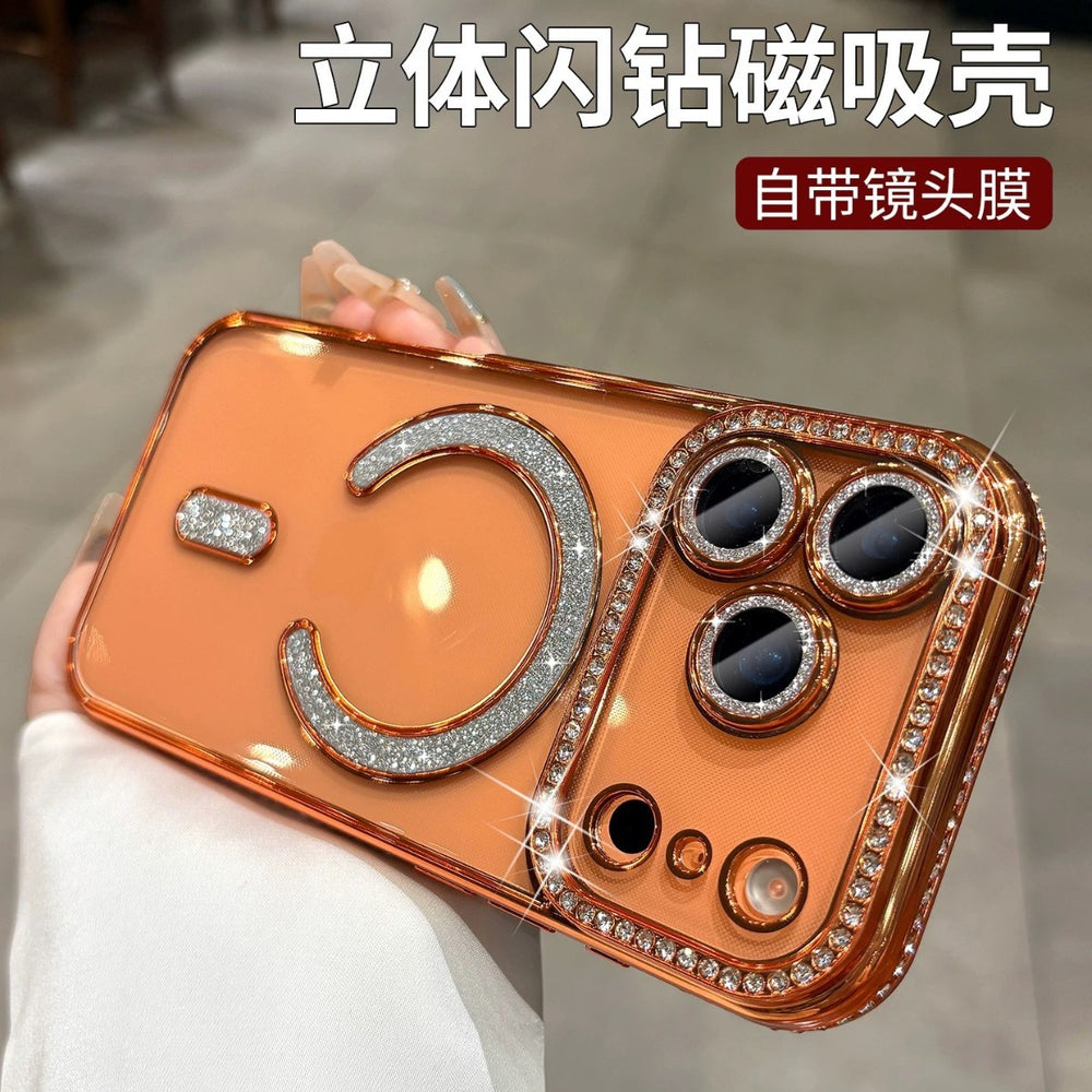 Suitable for iphone17promax mobile phone case, high-end edge diamond magnetic glitter lens film, apple 15 protective cover