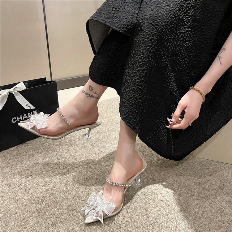 High heels women's fairy style 2023summerfashionoutwear pointed rhinestone square buckle transparent one-piece strap stiletto slippers