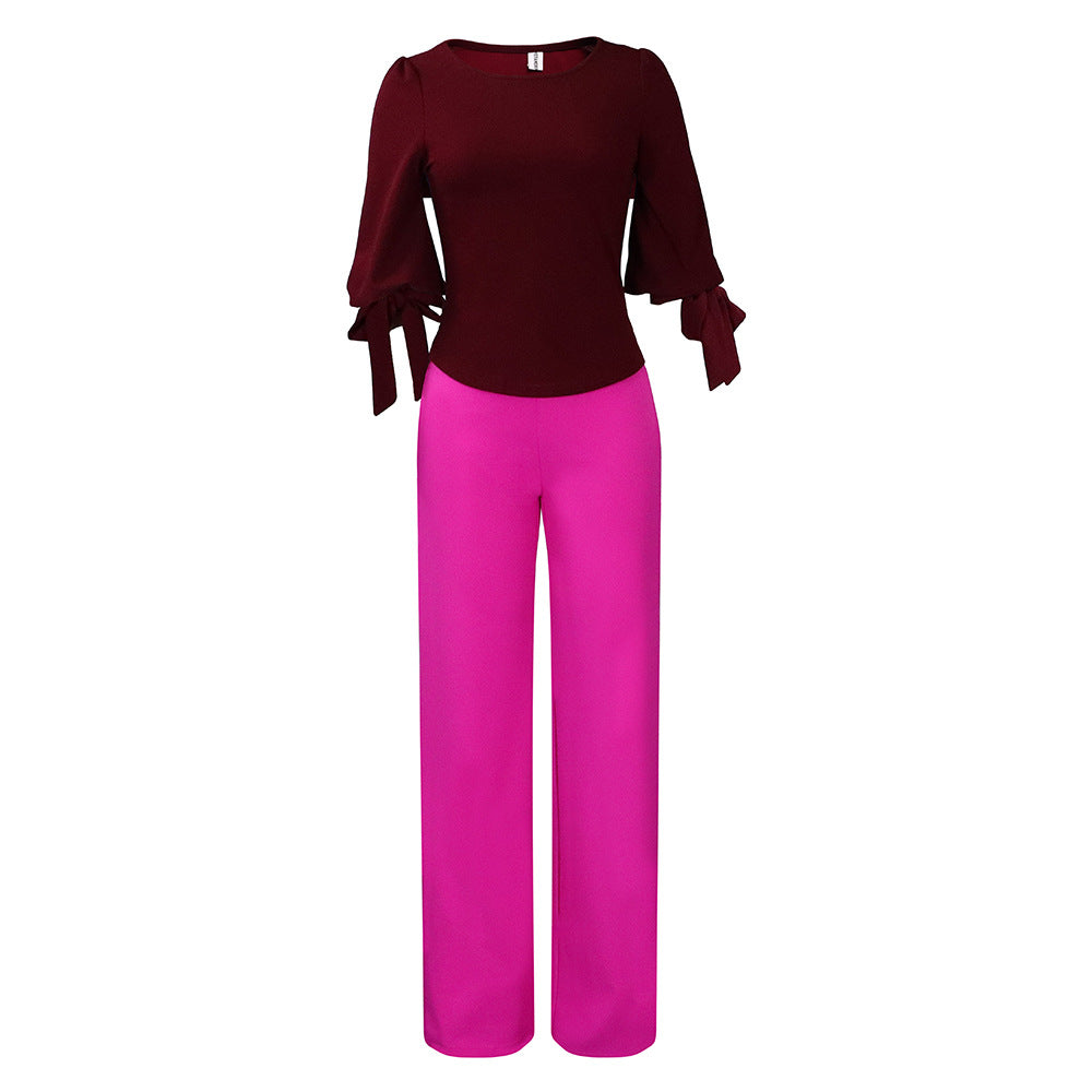 D337export women's clothing new arrivalcasualsuitlooseplus size strappy topshigh waistloose pantsfashiontwo-piece set