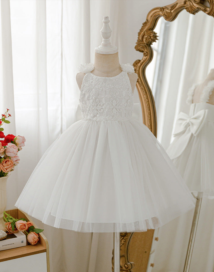 white lace evening dress high-end backless princess dress birthday party prom puffy gauze skirt girl performance