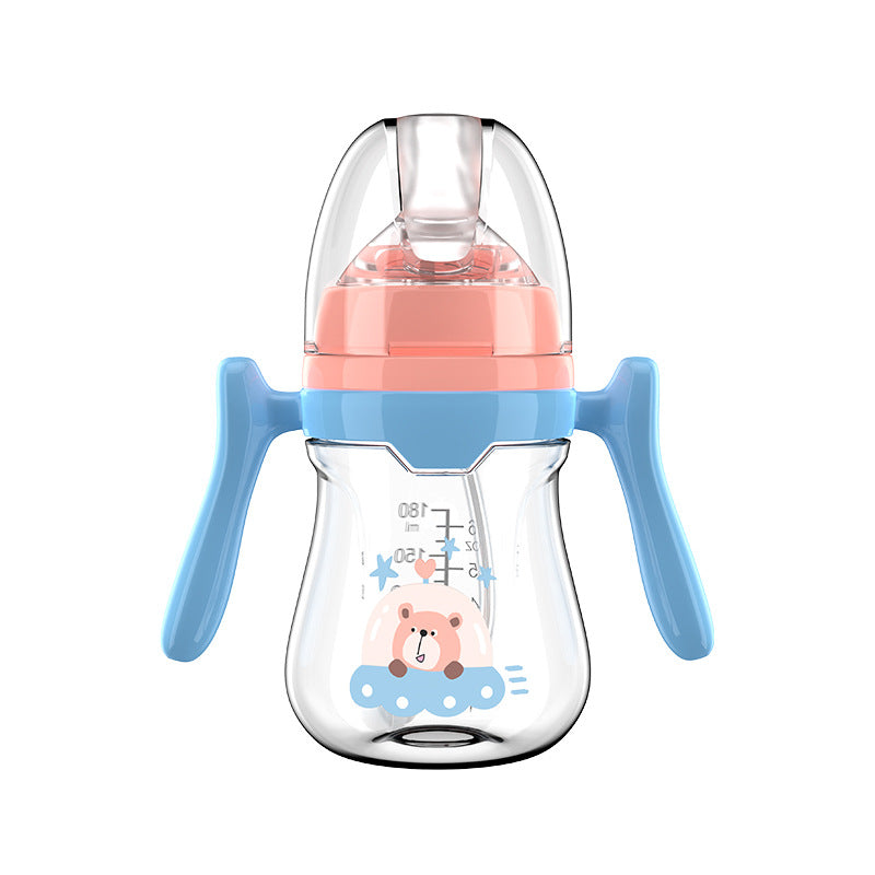 English boxed baby bottle anti-choking and anti-flatulence wide diameter bottle with handle and straw PP bottle wholesale