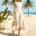 fashion summer vacation style women's new silk mesh patchwork sleeveless straight neck waist longdress