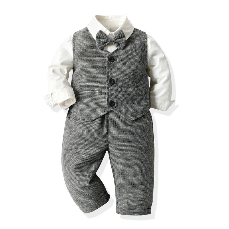 Export children's clothing autumn winternew arrivalfashionboyslong sleevesshirt dress suitpure colorvestpantsthree-piece set