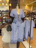 European and american cross-border women's fashion:  summer new collection - stylish printed tie-up striped short-sleeve shirt and wide-leg pants set