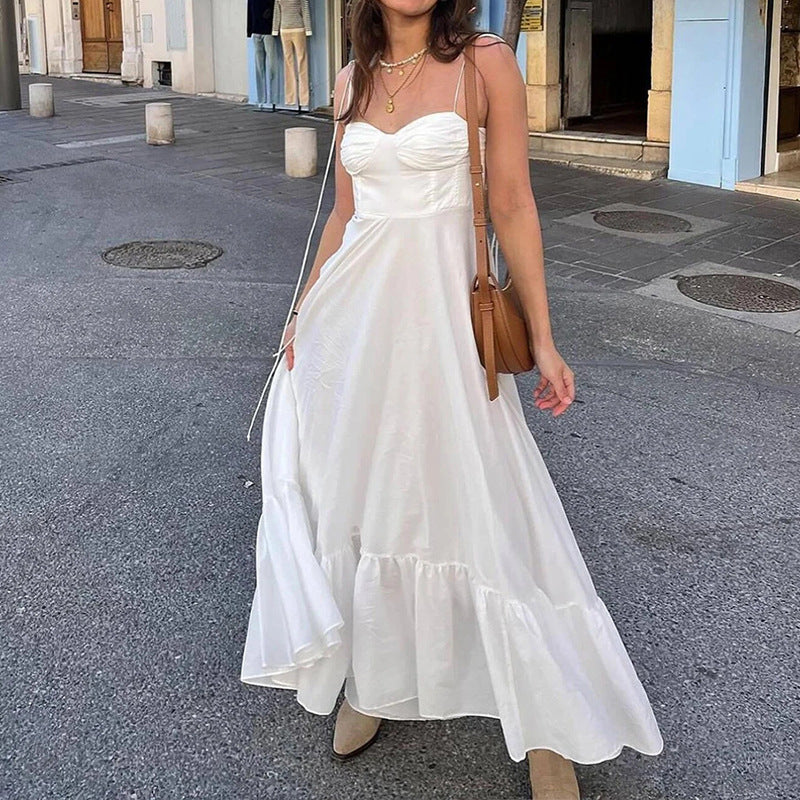 cross-border e-commerce women's fashion: european and american summer new arrivals - elegant solid color high-waisted spaghetti strap maxi dress 661