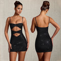 C7209 cross-border   fashion women's sexy suspender mini dress with rhinestone detail and arm covering design