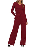 2025 cross-border fashion amazon new product pure color casuallong sleevesv necksuittopshigh waistloose pants shipping