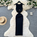 Goddess-style sense of design, cut out metal buckle, round neck, sleeveless dress, women's silmslimming lookelegant hip skirt