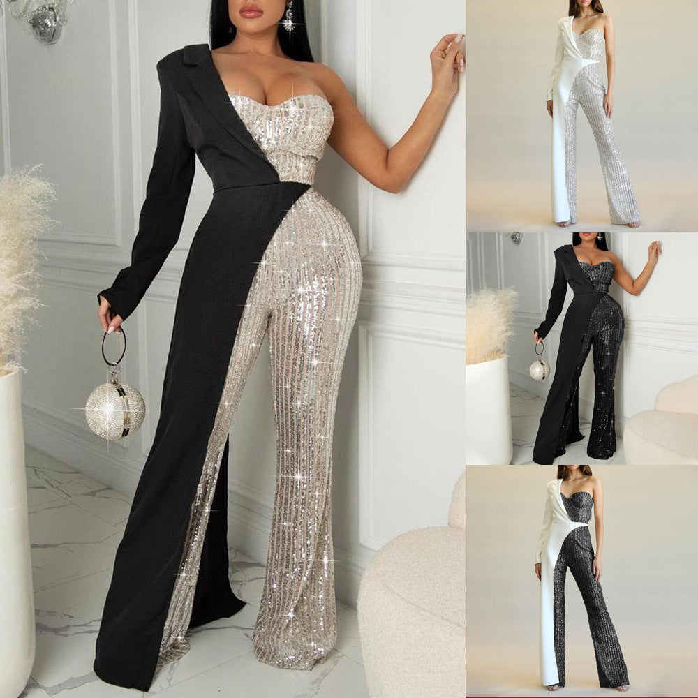 new european and american cross-border e-commerce independent website women's silver sequin patchwork one-shoulder fashion sequin jumpsuit