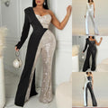 new european and american cross-border e-commerce independent website women's silver sequin patchwork one-shoulder fashion sequin jumpsuit