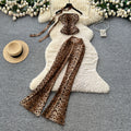 Fashion ins scheming sense of design sleeveless slanted shoulder short leopard print vest women's high waist hip-covering slightly flared pantssuit