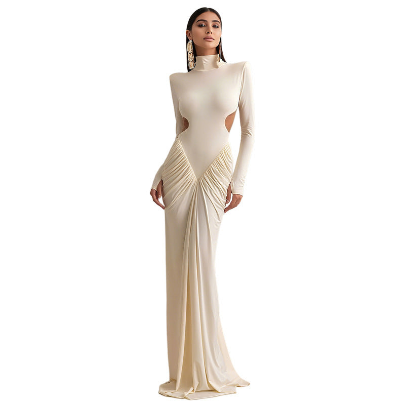 fashion  autumn new arrival women's pure colorlong sleeves high collarelegant silm pleated backless long dress