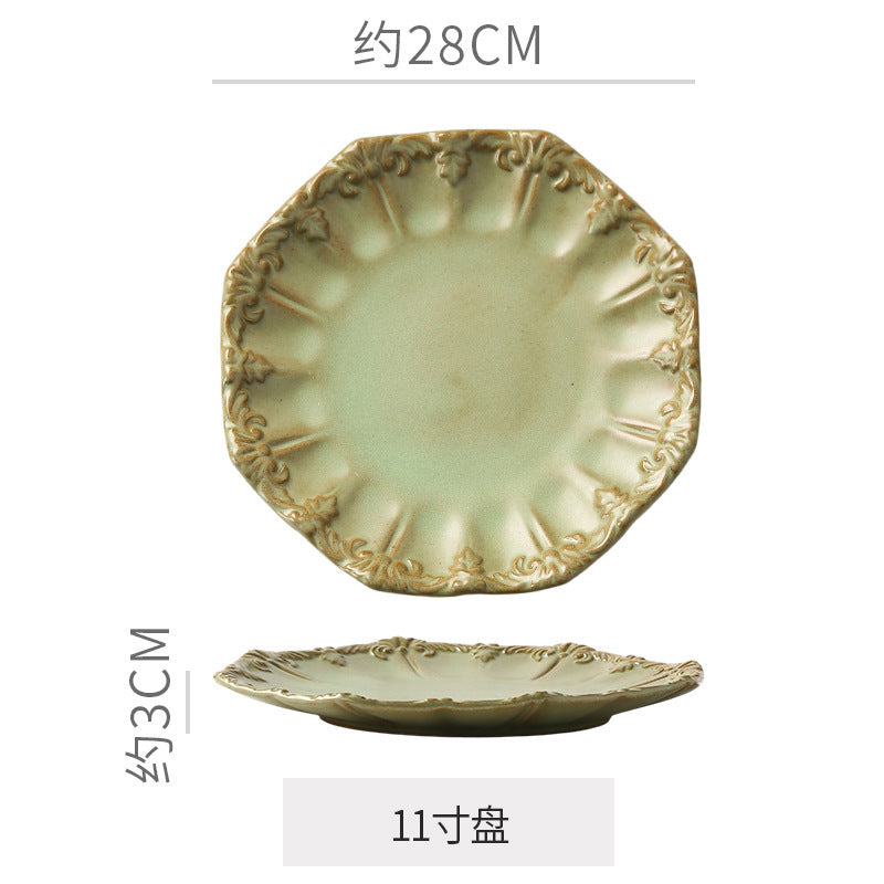 Embossed retro ceramic dinnerware set - french-inspired plates, high-end steak plates, dessert bowls, and rice bowls for home use