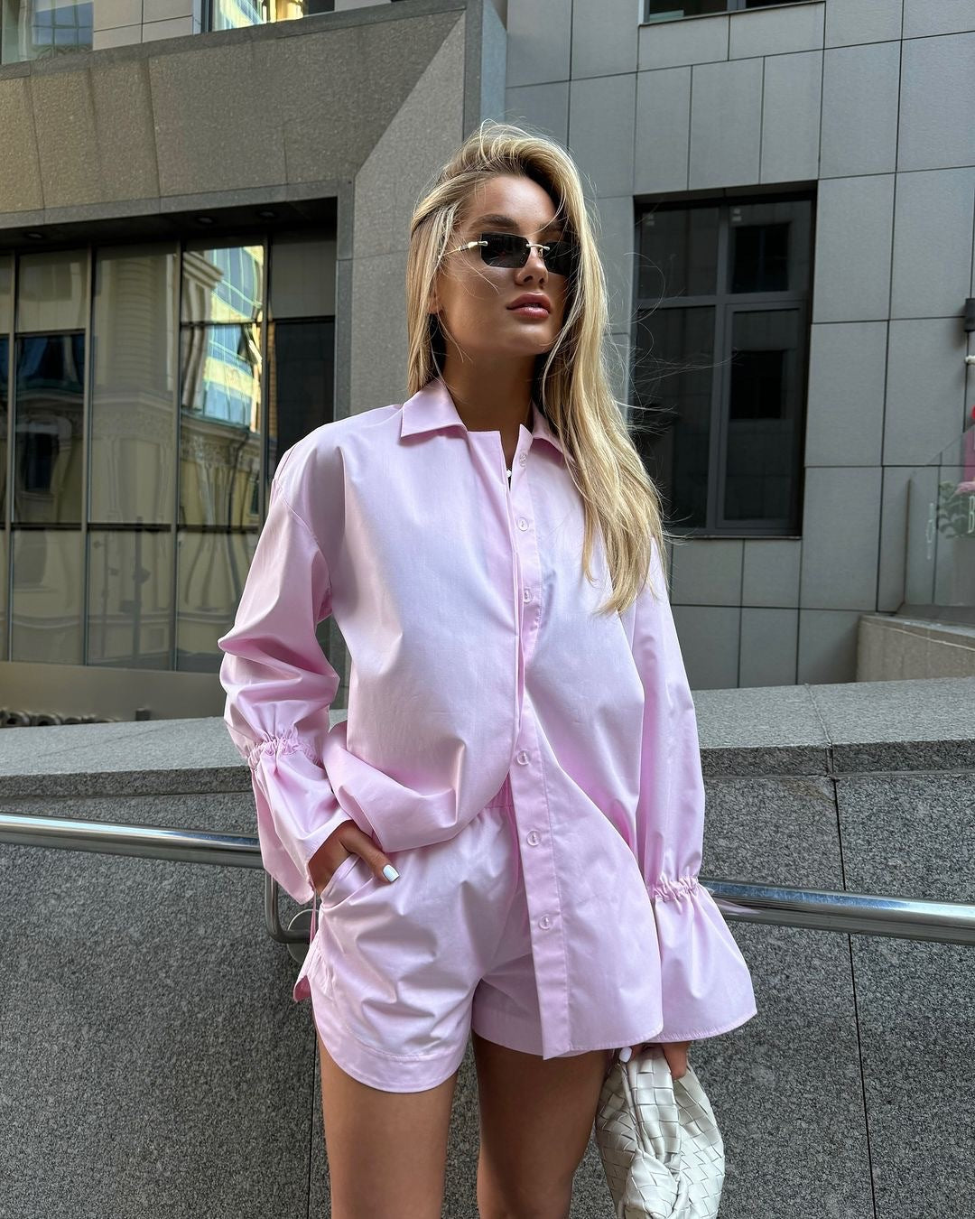 Europe and the United States  2025 spring loose casual suit women's 100% cotton lace-up petal sleeve cardigan shorts two-piece set