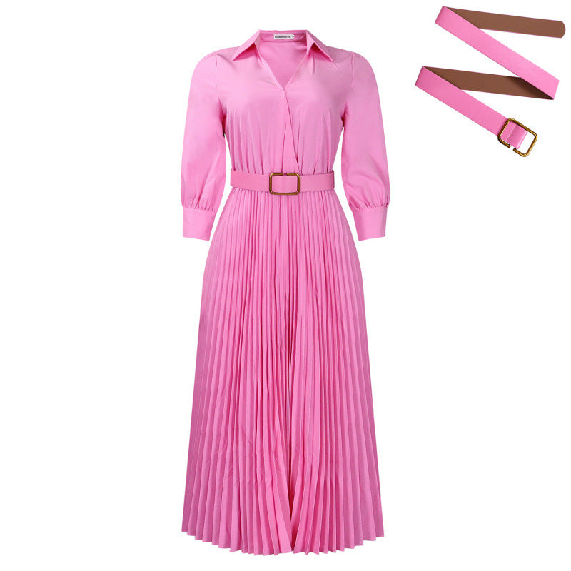 D522export women's clothing new arrival summer fashion lapel long sleeves high waist elegant pleated pure color africandress