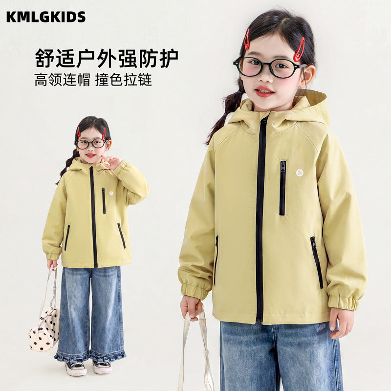 Factory wholesale korean style girls' outdoor multi-color windbreaker autumn new children's clothing small and medium kids hooded jacket