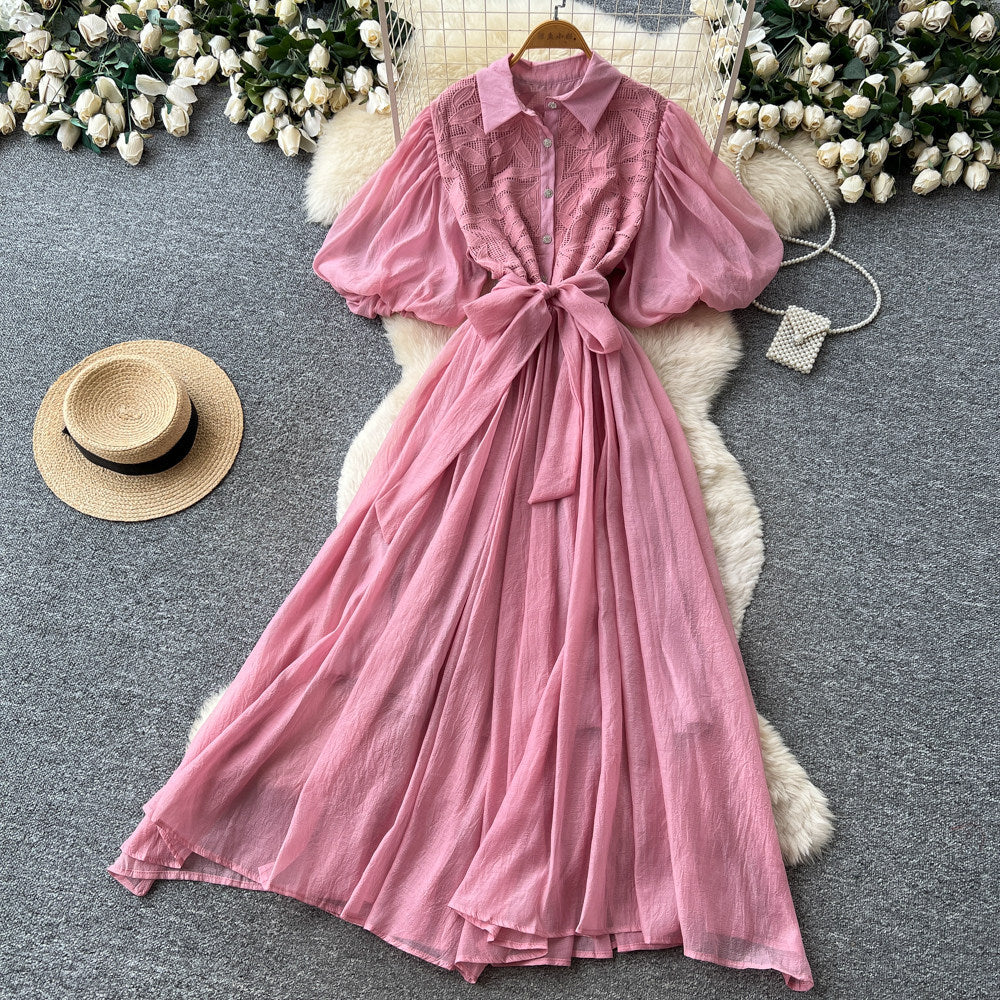 French gentle style pink lantern sleeve dress women's summer k-styletie backcut out waist a-line skirt work clothing slimming look