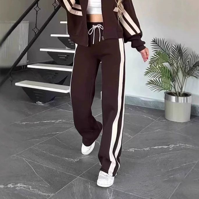 european and american cross-border   fashion color block new two-piece set spring/autumn women's casual activewear set