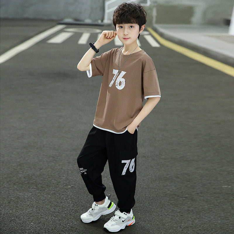 Kids' boys' summer outfit set  new style, korean style short-sleeve summer clothes for older boys, stylish and trendy