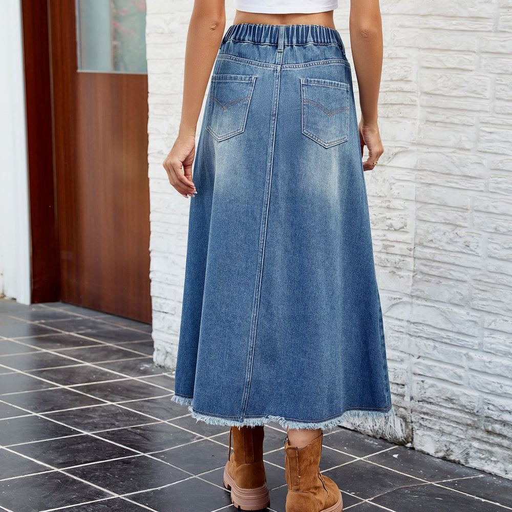 European and american cross-border foreign trade women's spring and summer new  independent station washed raw edge denim skirt mid-length skirt